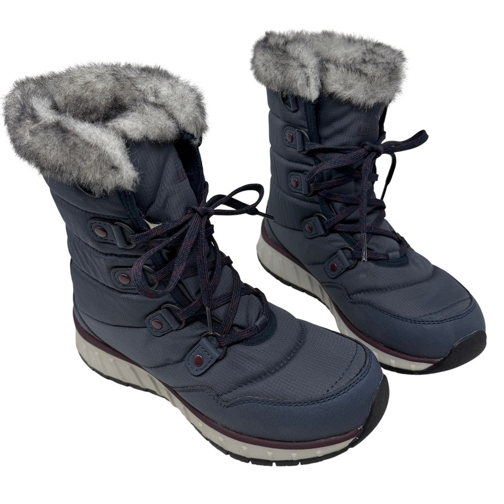 LL Bean Ultralight Waterproof Boots Womens 7 Navy Blue Excellent Faux Fur 510322